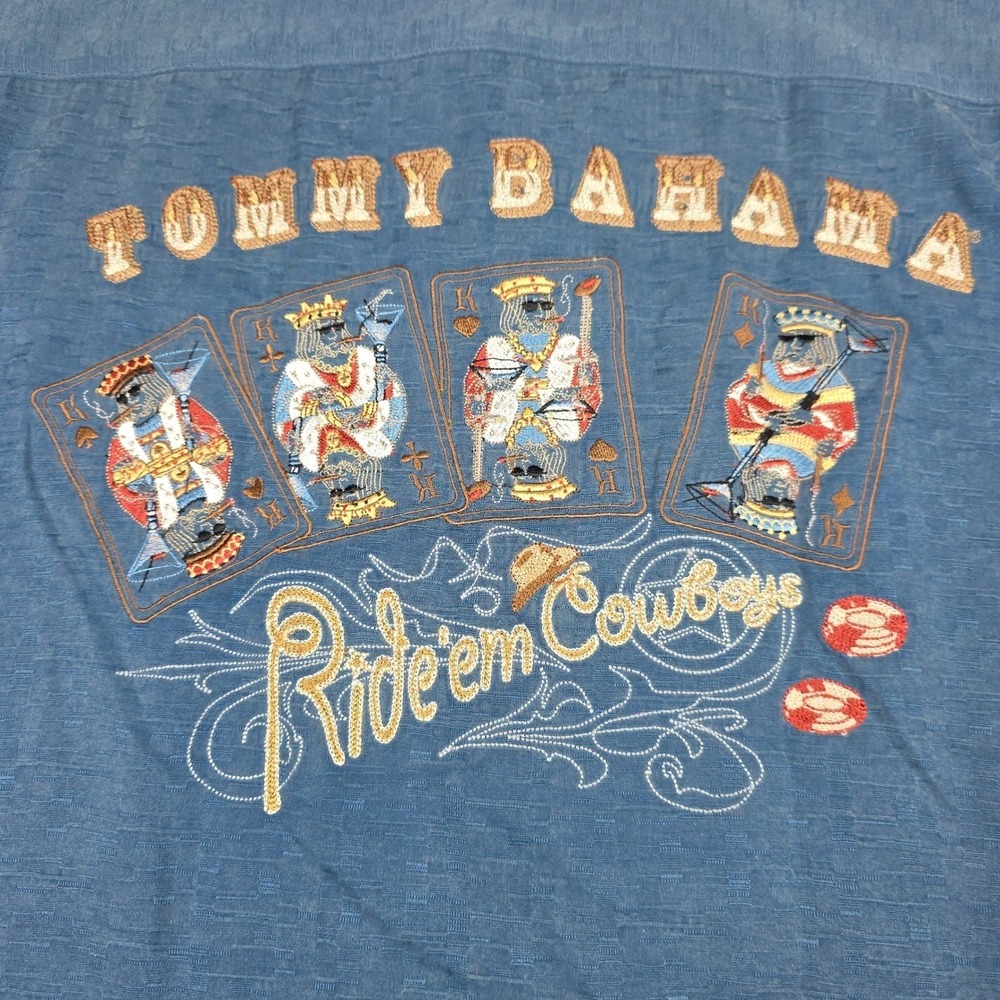 Tommy Bahama Camp Shirt Mens Large Blue Silk Ride em Cowboys Skeleton Poker Back